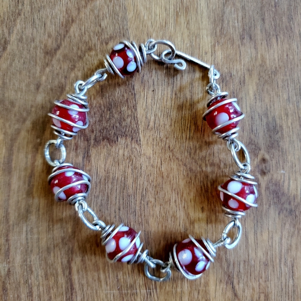 Silver Wire Wrapped Red & White Bead Bracelet